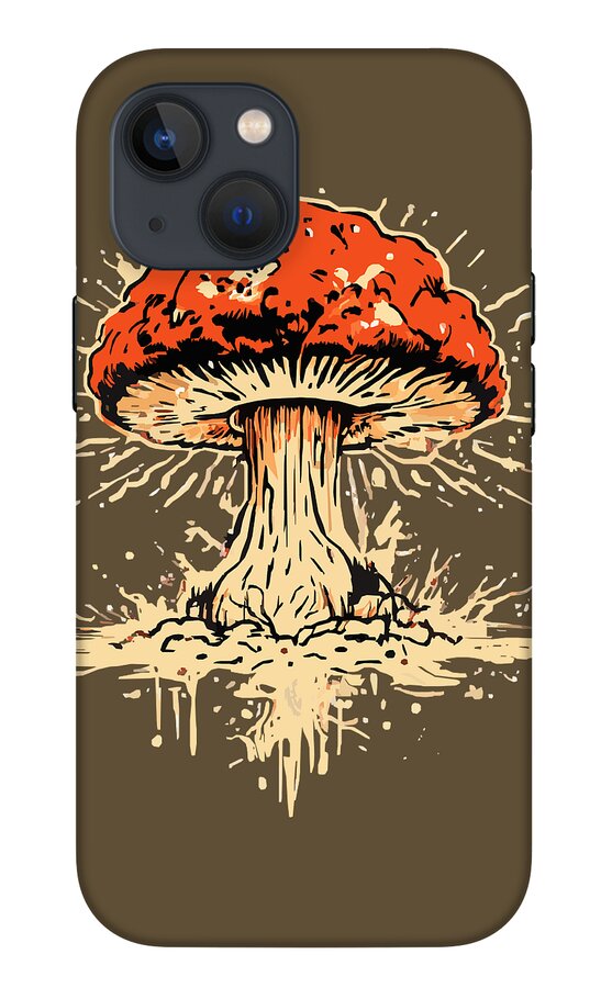 Brown phone case with orange-and-white mushroom graphic and dual camera cutouts