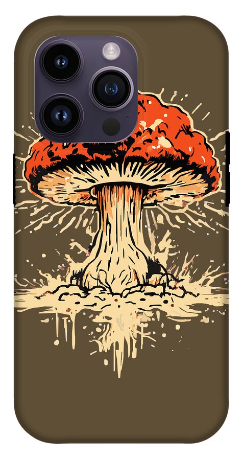 Brown phone case showing an orange mushroom design with three camera lenses