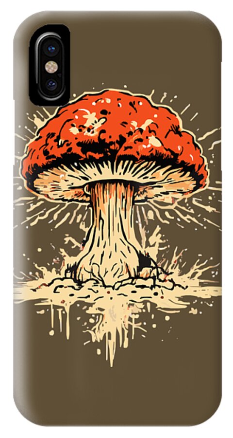 Phone case with orange mushroom graphic and single dark camera cutout on brown