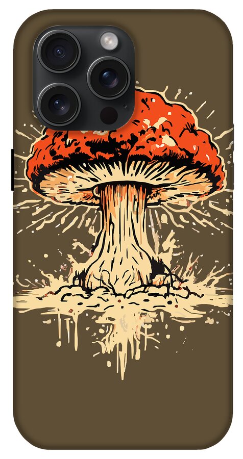 Brown phone case with orange mushroom graphic and vertical triple camera cutouts