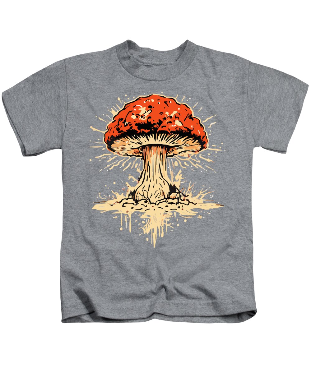 Kids t-shirt in heather gray with large orange-red exploding mushroom graphic