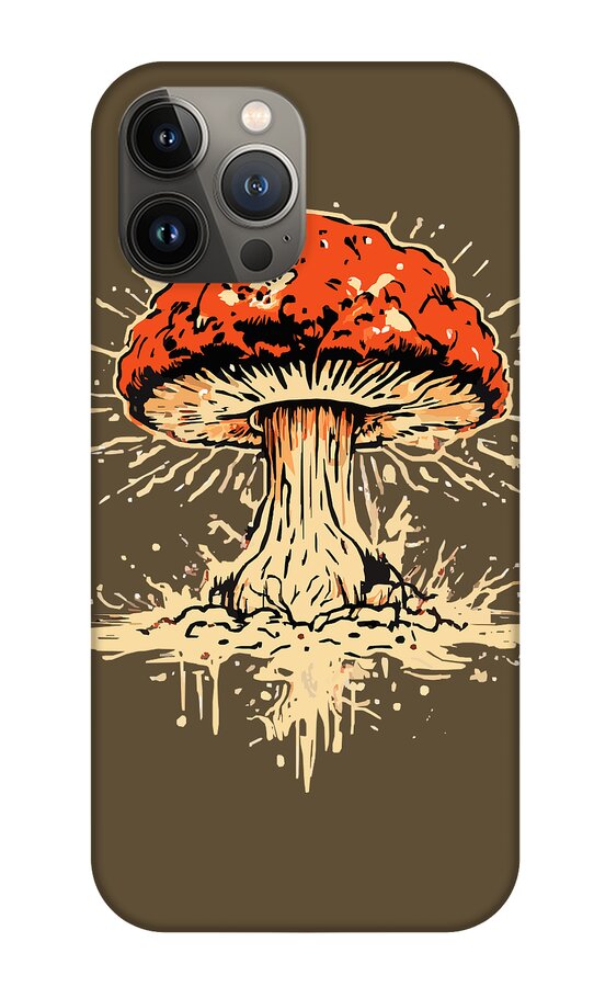 Brown phone case with orange-and-white mushroom graphic and quad camera arrangement