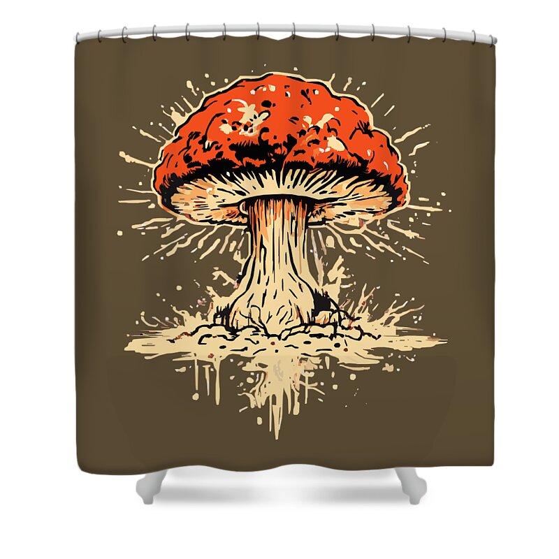 Shower curtain with dark brown background and red explosive mushroom graphic with splatter