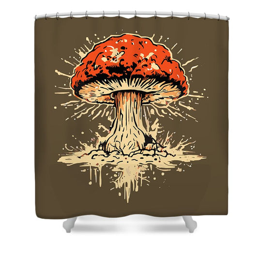 Shower curtain with dark brown background and red explosive mushroom graphic with splatter