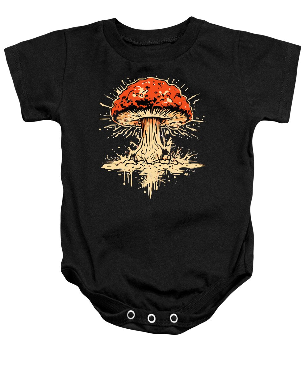 Black baby onesie with short sleeves and explosive mushroom graphic, snap closure.