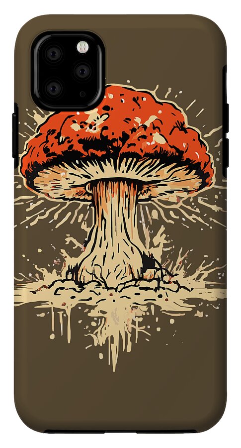 Phone case with orange mushroom explosion graphic, cream spatter, and dark rear camera cutout