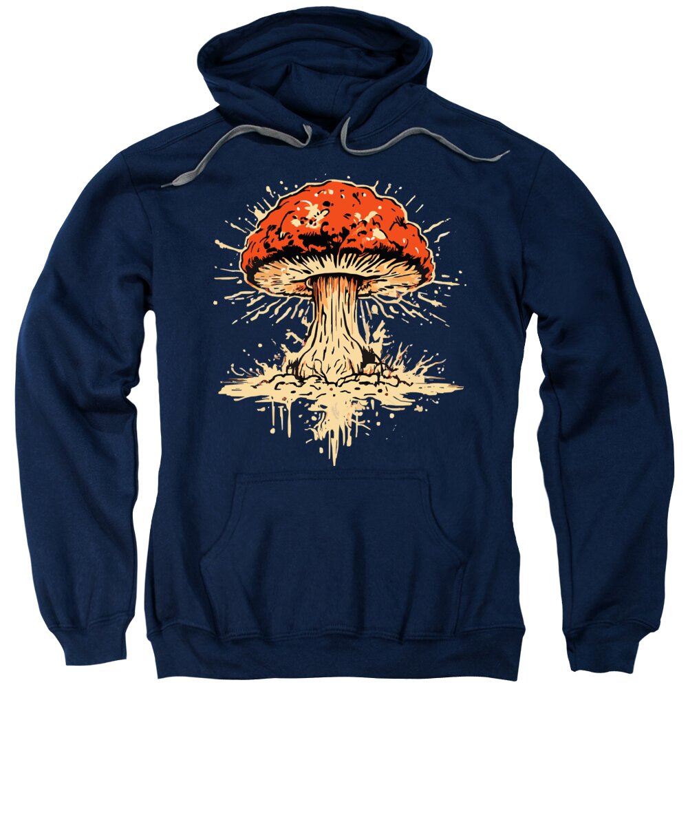 Navy hoodie sweatshirt with orange exploding mushroom graphic and front kangaroo pocket