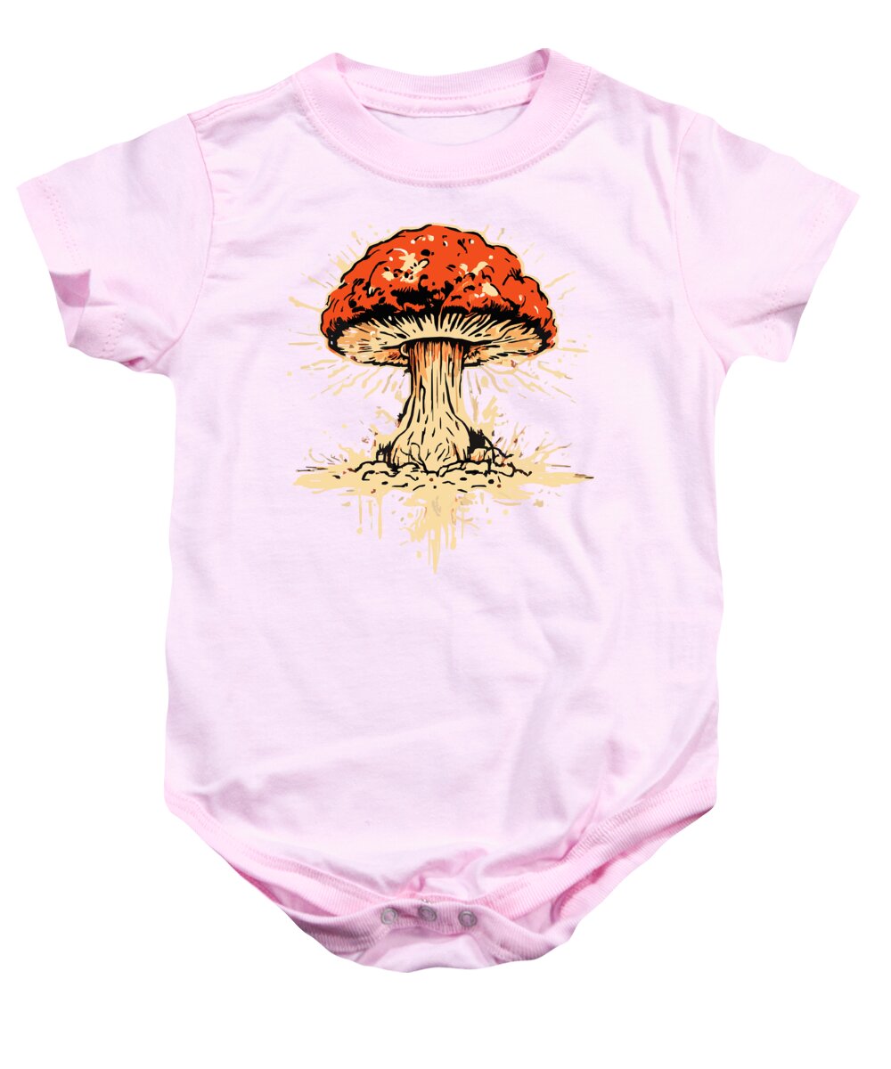 Pink baby onesie with short sleeves and explosive mushroom graphic, snap closure.