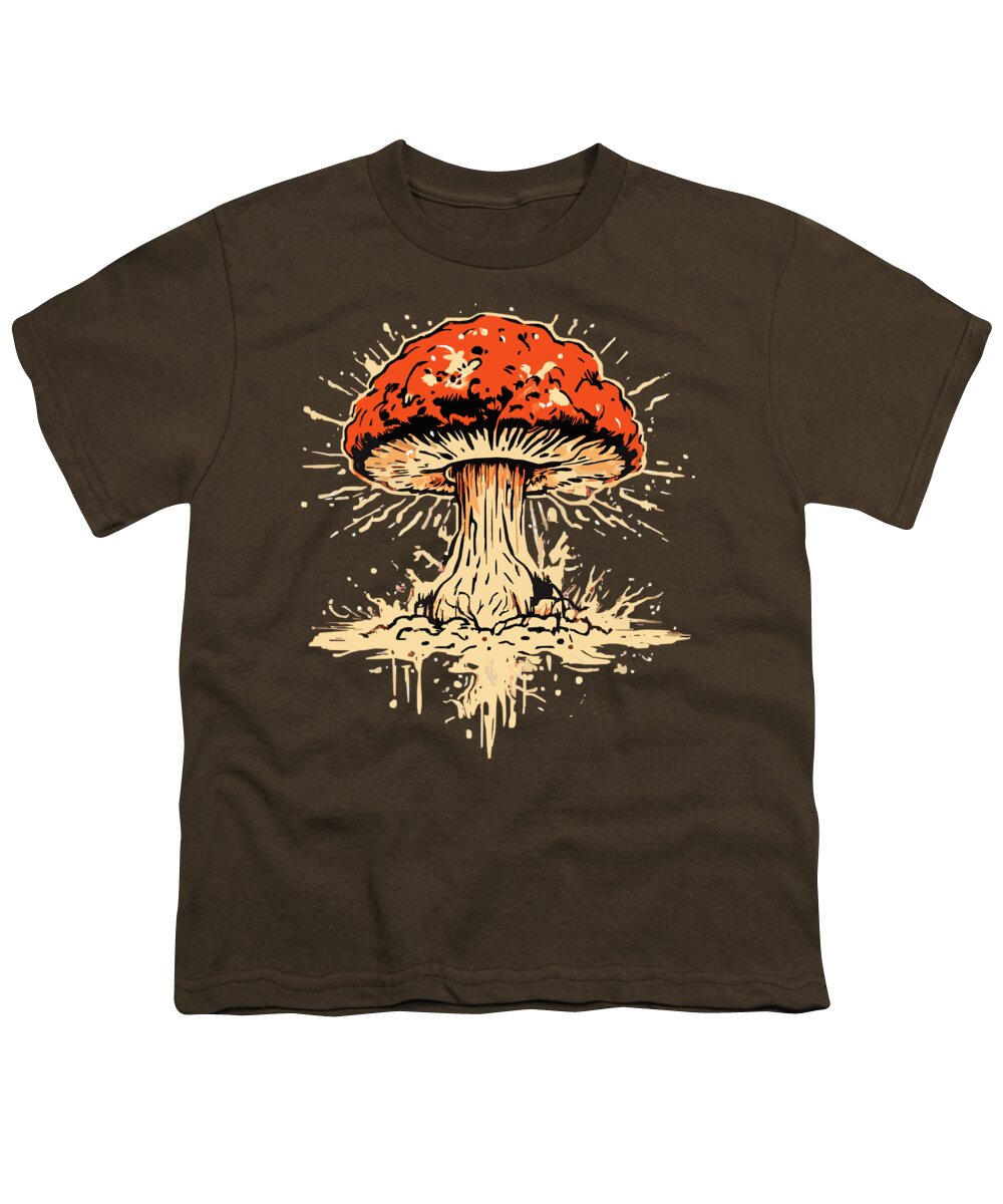 Coffee brown youth T-shirt with explosive mushroom graphic in orange and beige.