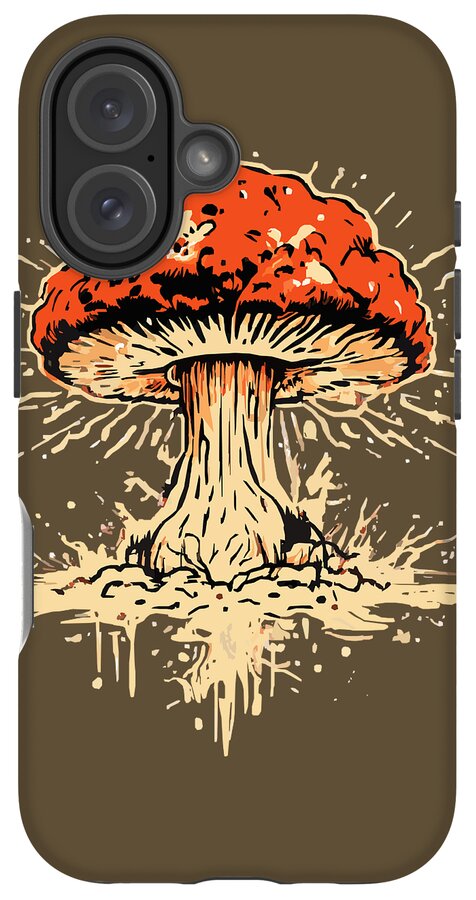 Phone case with orange mushroom graphic and triple-lens camera cutouts on brown