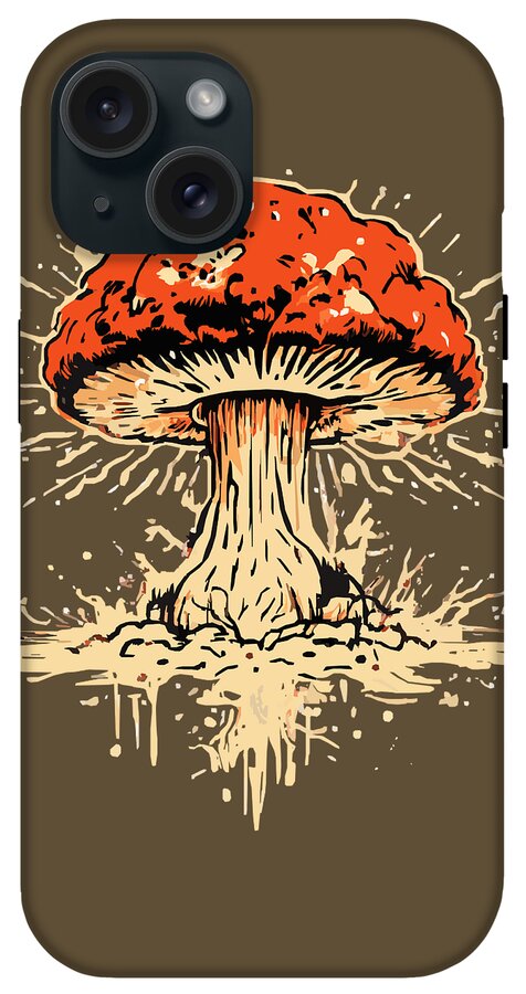 Olive phone case with orange exploding mushroom graphic and three-lens camera cutouts