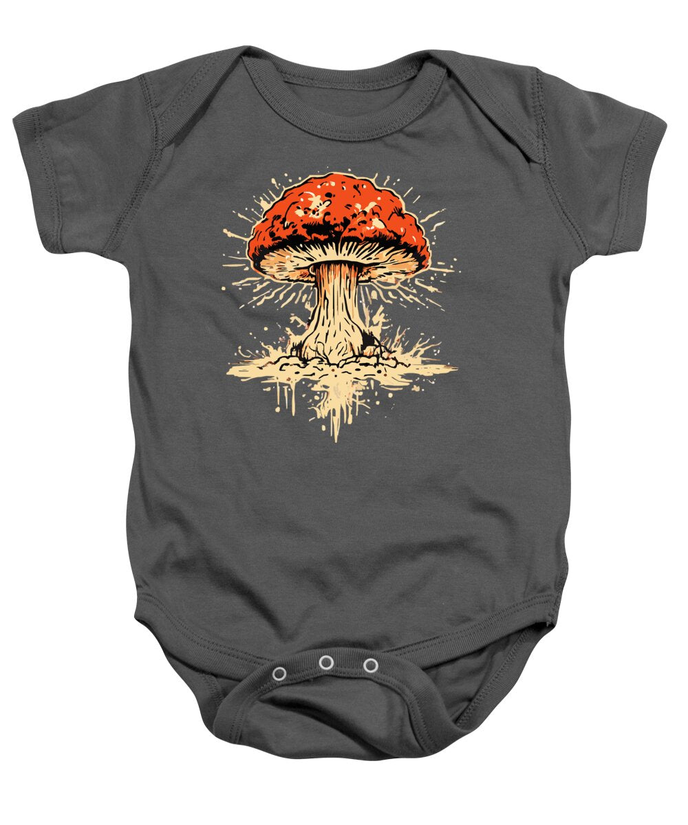 Charcoal baby onesie with short sleeves and explosive mushroom graphic, snap closure.