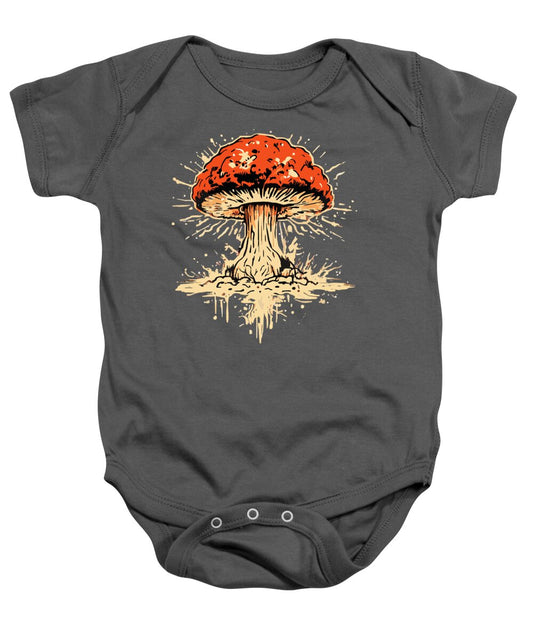 Charcoal baby onesie with short sleeves and explosive mushroom graphic, snap closure.