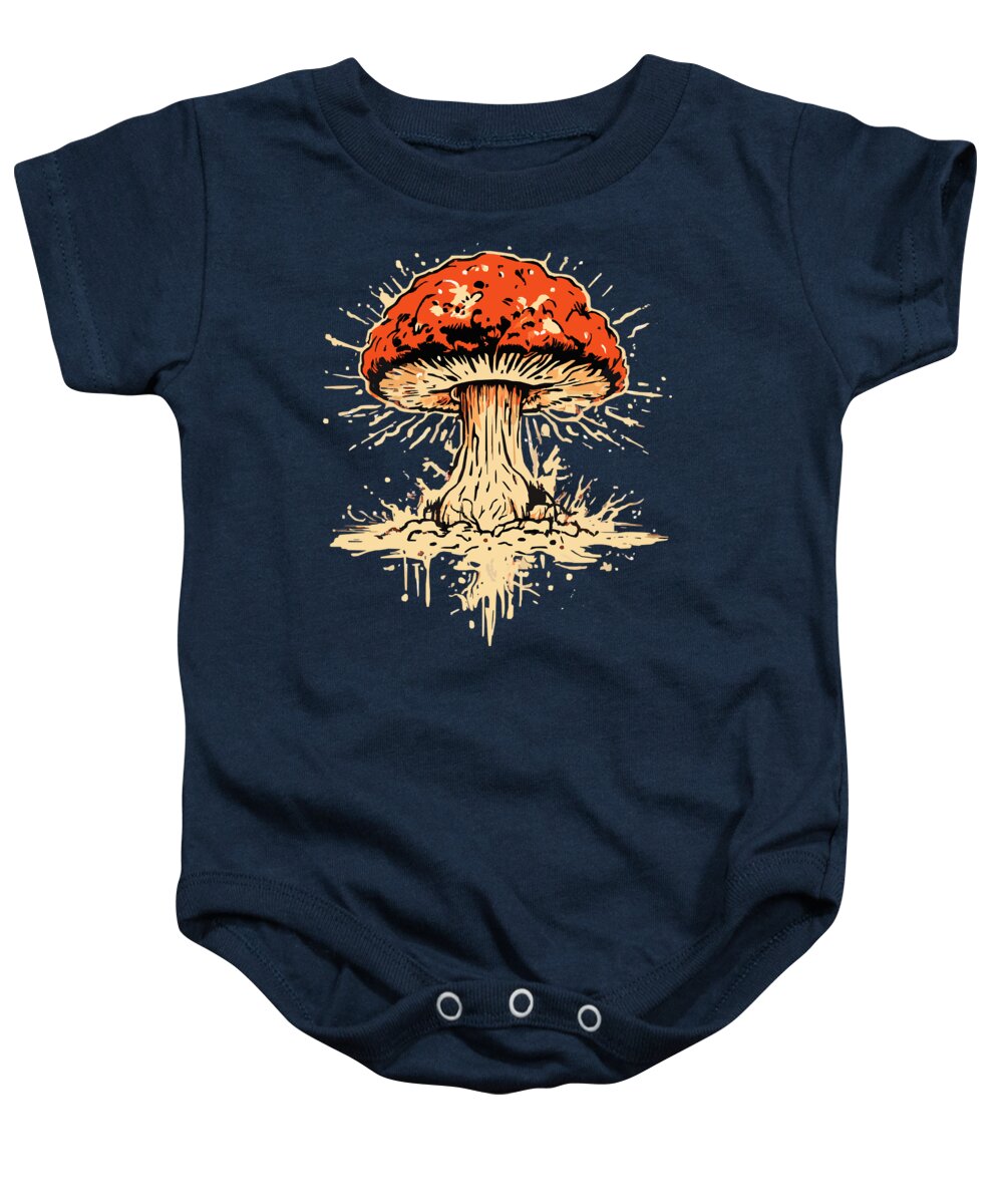 Dark blue baby onesie with short sleeves and explosive mushroom graphic, snap closure.