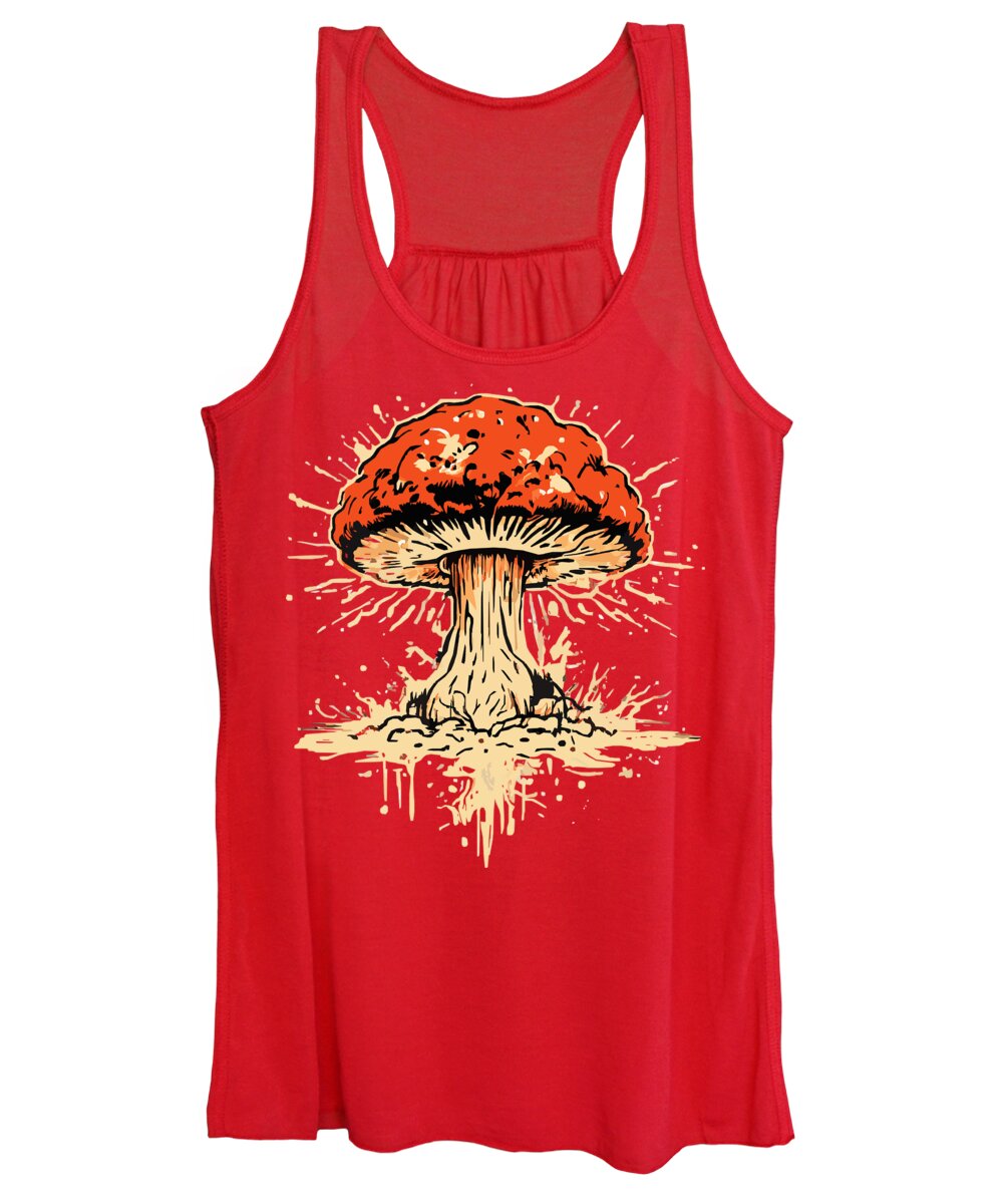 Red women's tank top with explosive mushroom front print