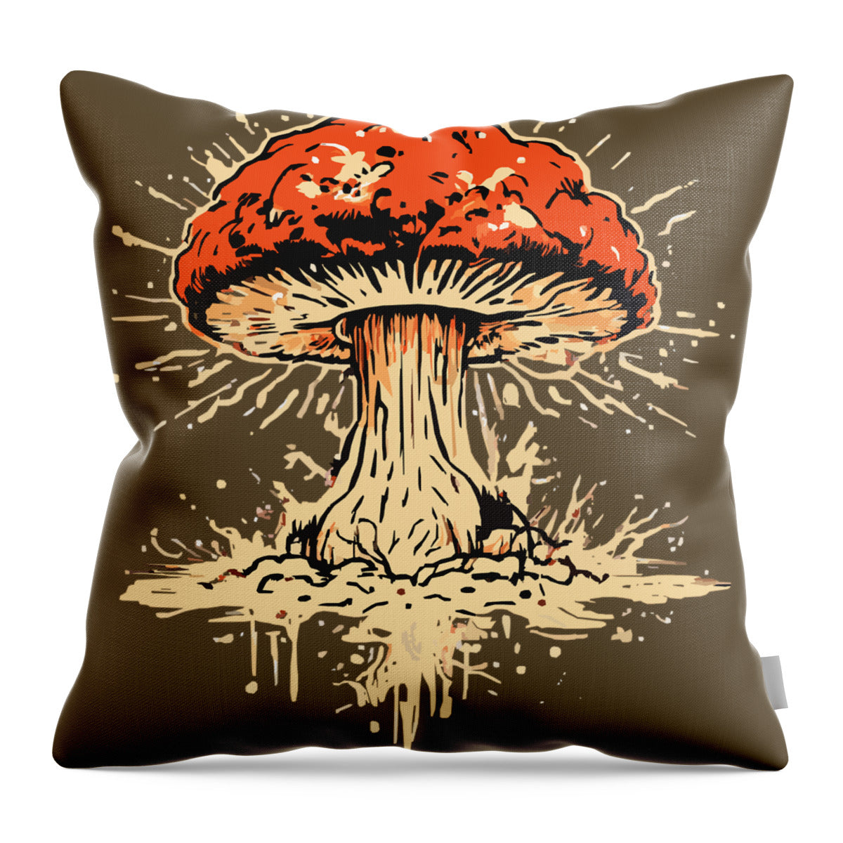 Front-facing throw pillow featuring explosive mushroom graphic, orange cap and beige spore cloud on dark.