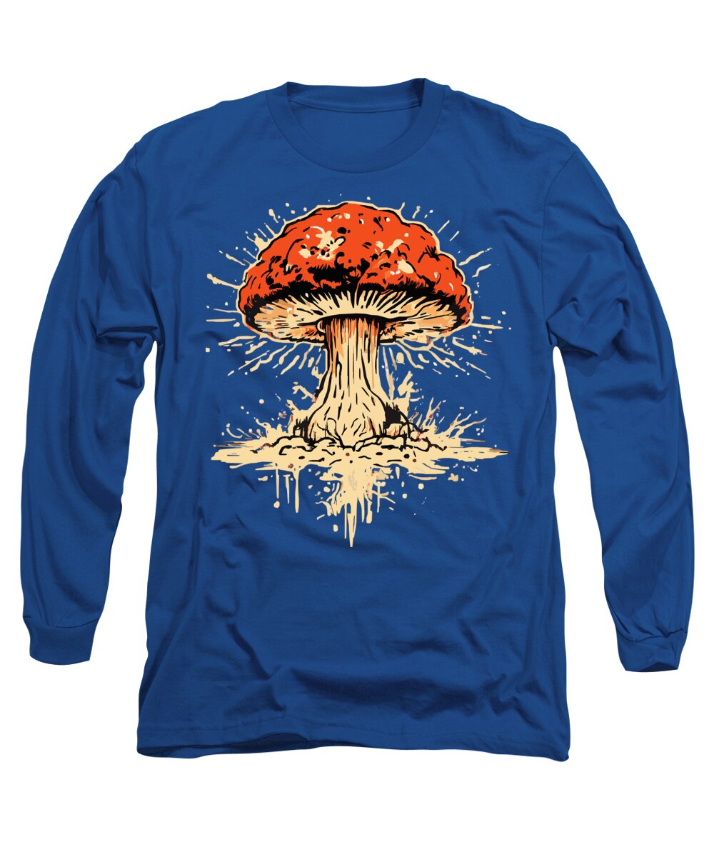 Royal blue long-sleeve T-shirt with orange mushroom graphic on front.