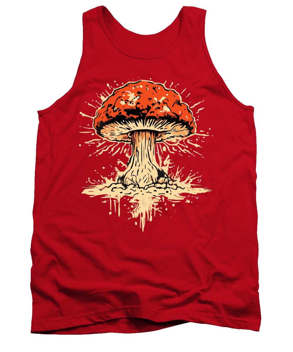 Red tank top with orange mushroom graphic centered, sleeveless crew neck