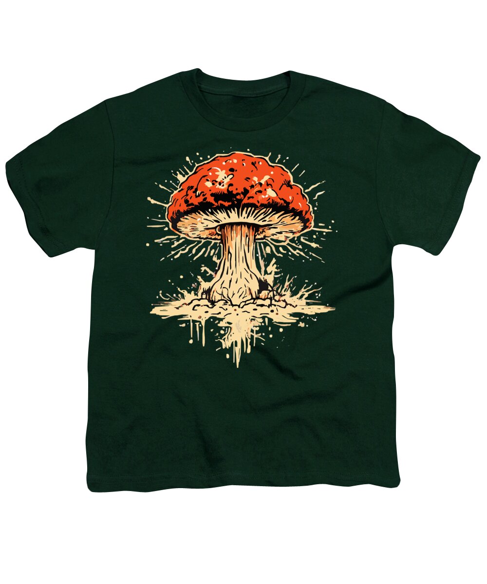 Hunter green youth T-shirt with explosive mushroom graphic in orange and beige.
