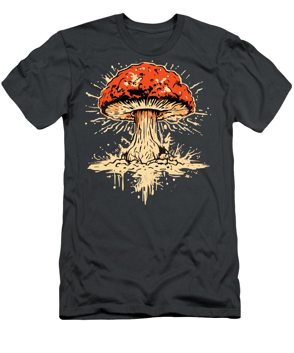 Charcoal T-shirt with orange and beige mushroom graphic on the front