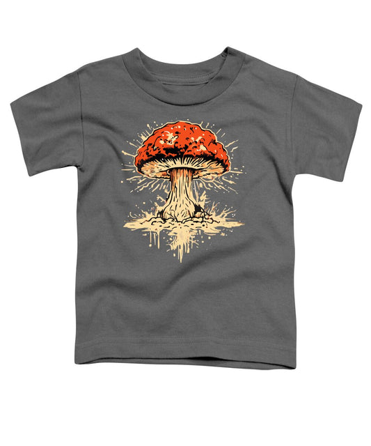 Charcoal toddler T-shirt with orange mushroom graphic on front