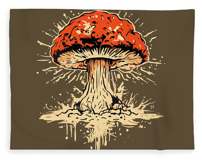 Mushroom blanket with central mushroom burst illustration in orange and beige on dark brown