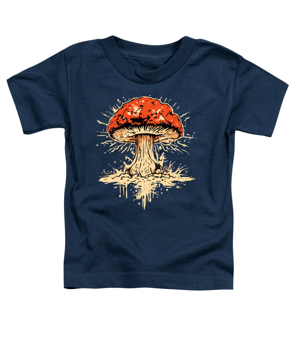 Navy toddler T-shirt with orange mushroom graphic on front
