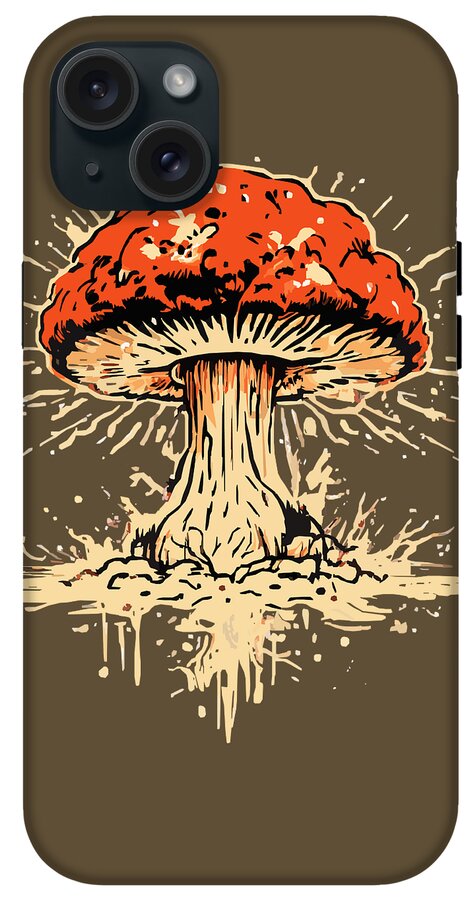 Olive phone case with orange exploding mushroom graphic and three-lens camera cutouts