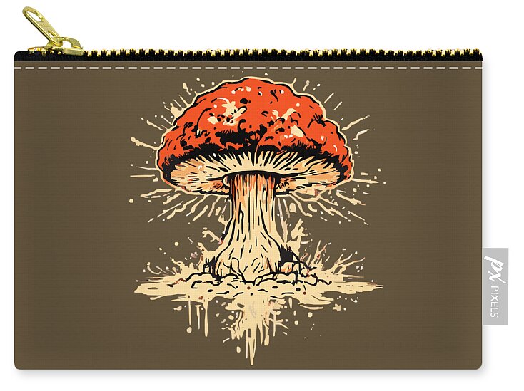 Dark olive zip pouch with zipper and gold pull, explosive mushroom graphic