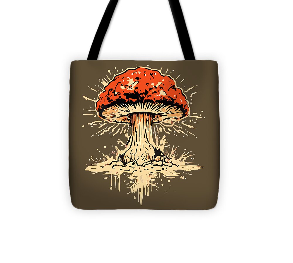 Brown tote bag with black handles, orange exploding mushroom front print