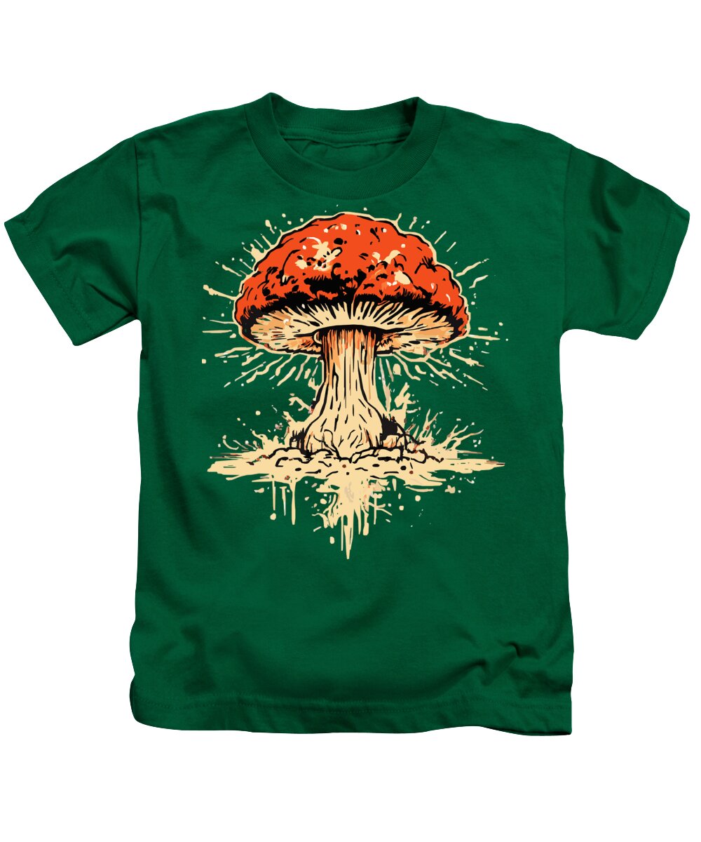 Kids t-shirt in dark green with large orange-red exploding mushroom graphic