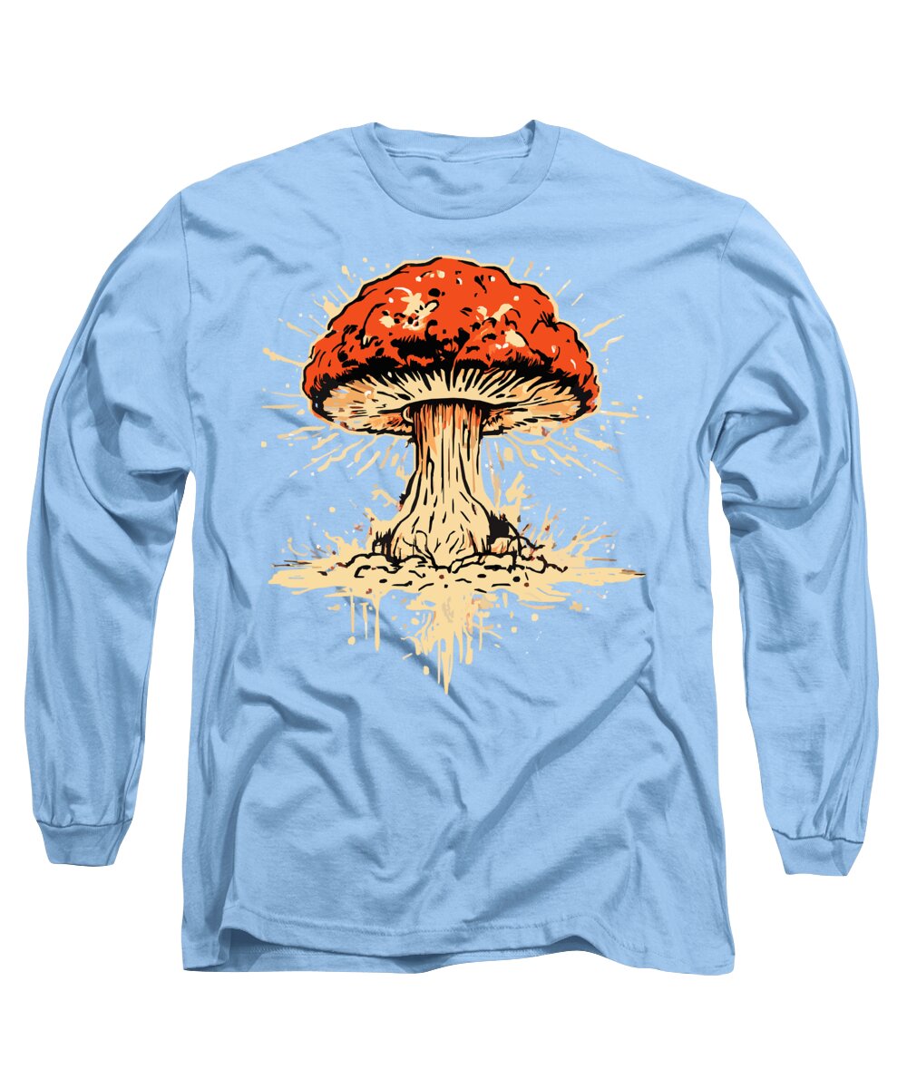 Light blue long-sleeve T-shirt with orange mushroom graphic on front.