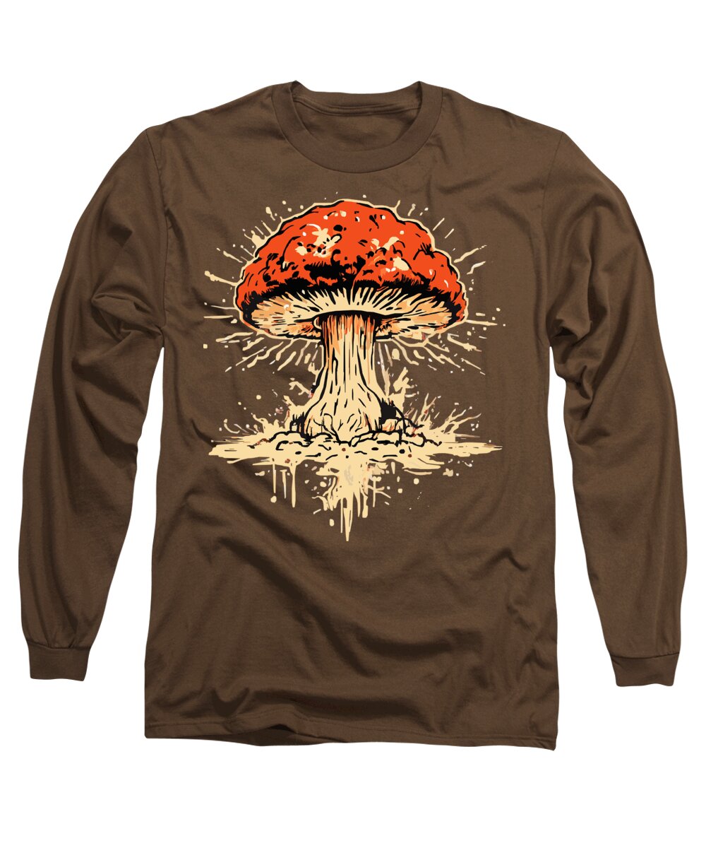 Coffee brown long-sleeve T-shirt with orange mushroom graphic on front.