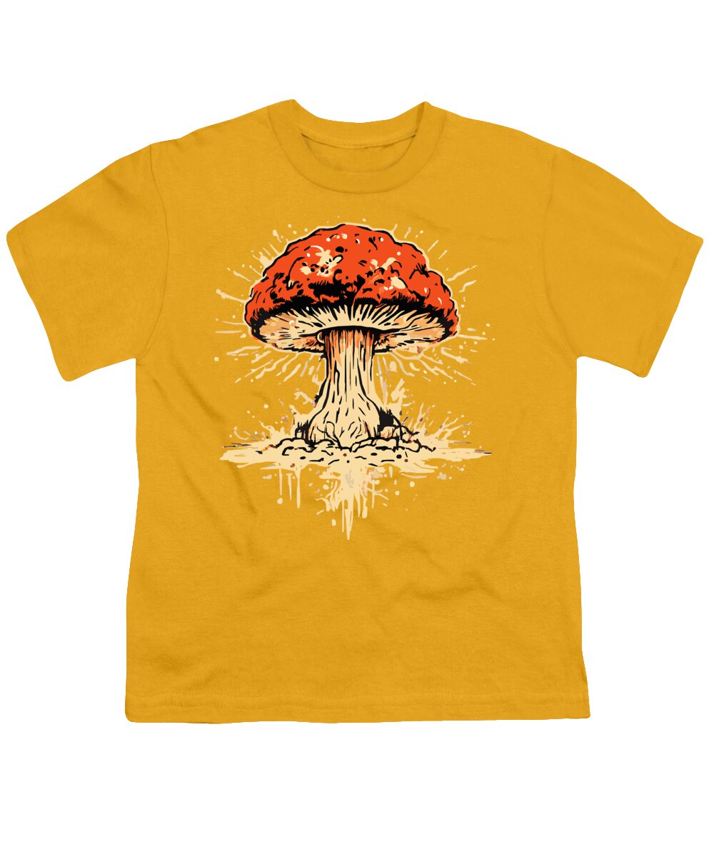 Yellow youth T-shirt with explosive mushroom graphic in orange and beige.