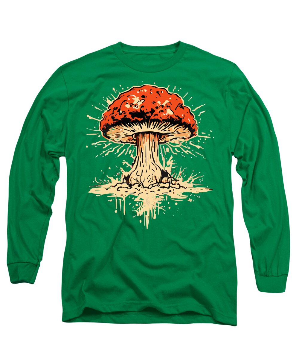 Kelly green long-sleeve T-shirt with orange mushroom graphic on front.