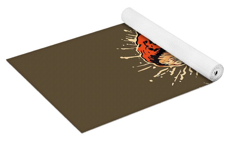 Yoga mat with explosive mushroom print; rolled white edge over dark brown mat