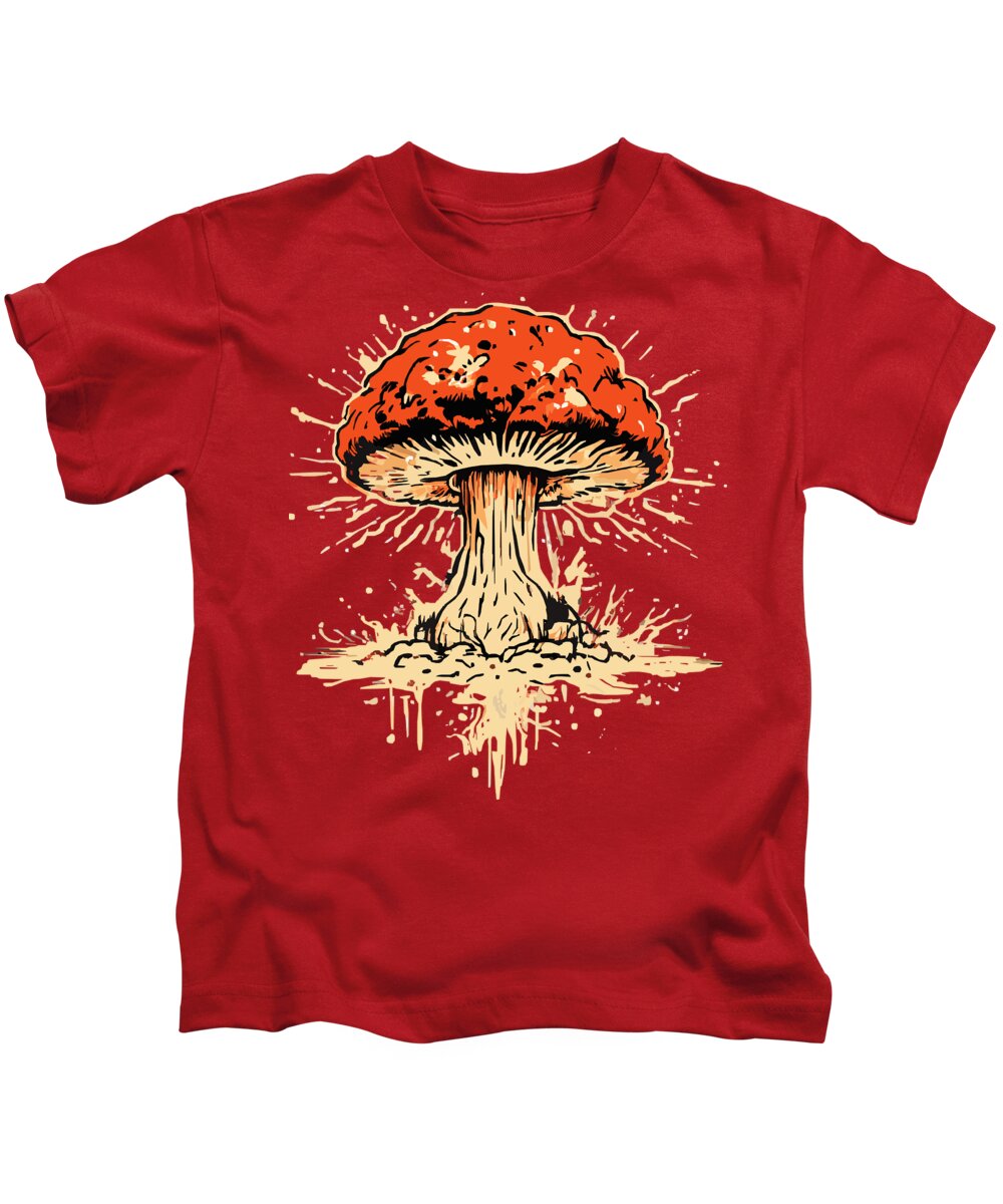 Kids T-shirt in red with orange mushroom graphic and splash accents, crew neck
