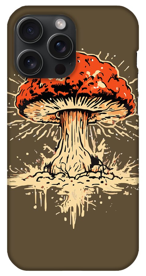 Olive phone case with orange exploding mushroom graphic and four-lens camera cutouts