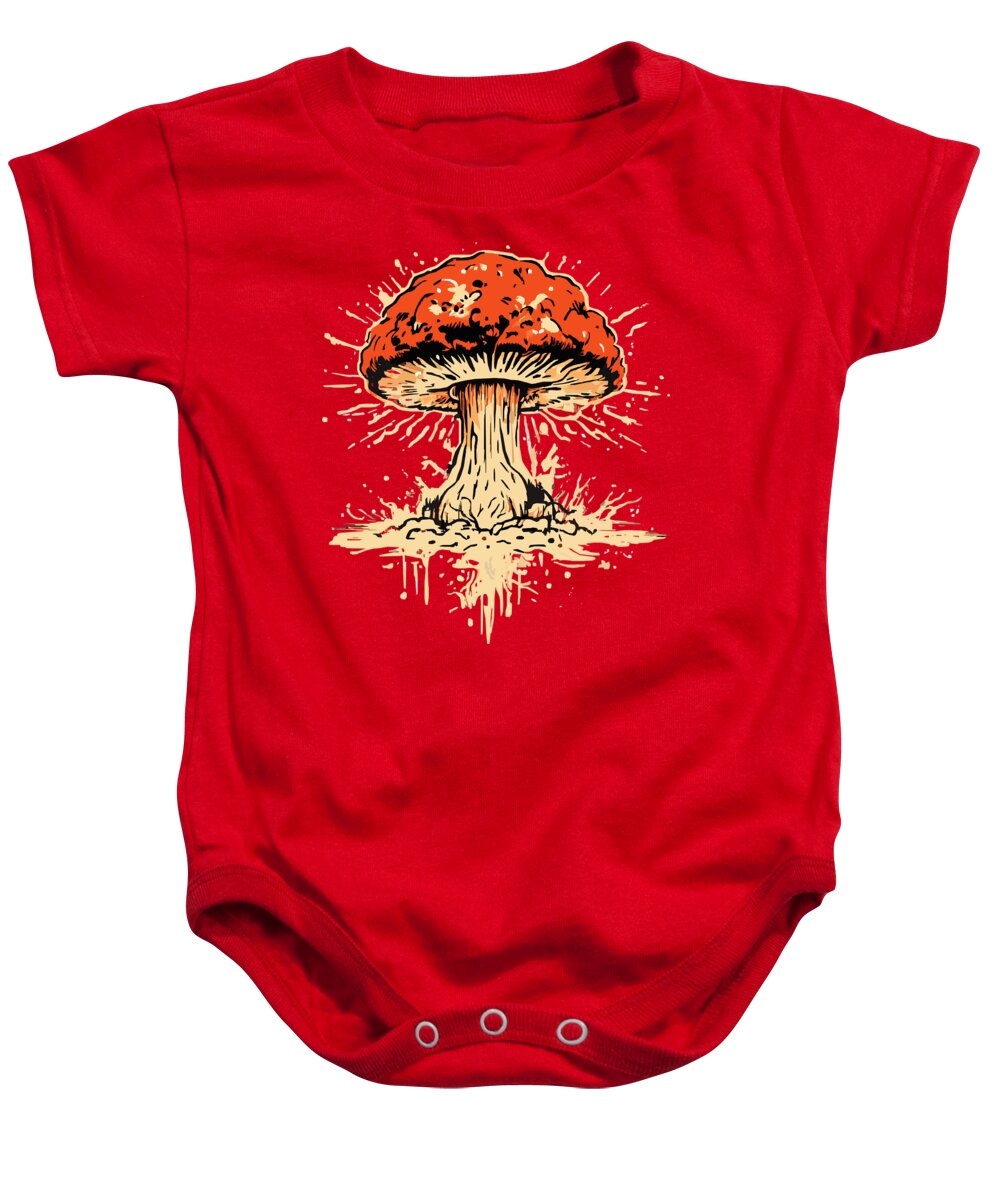Red baby onesie with short sleeves and explosive mushroom graphic, snap closure.