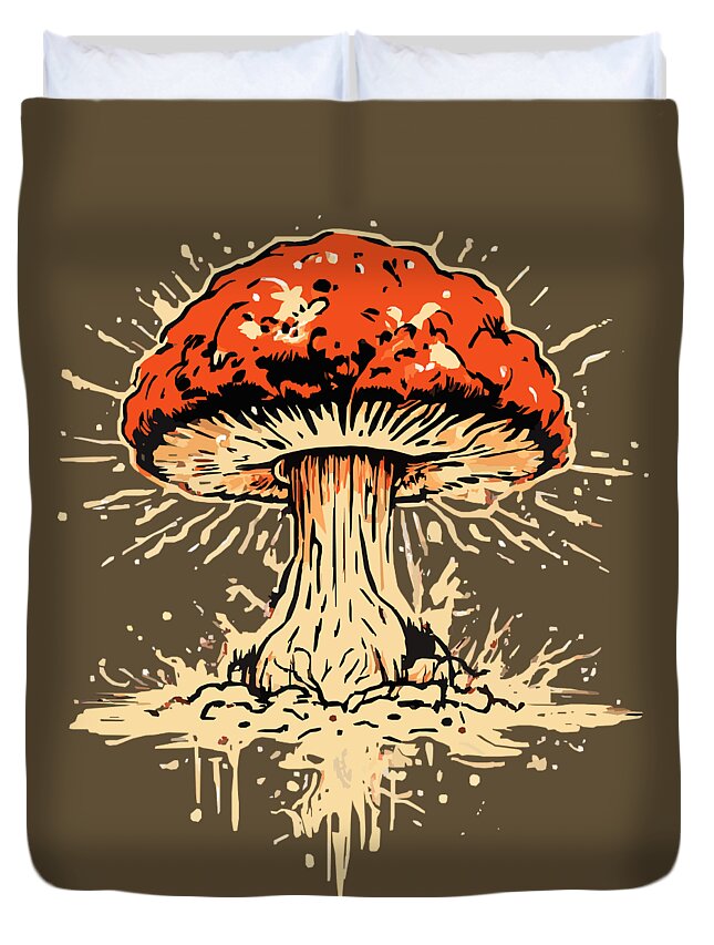 Brown duvet cover featuring a large orange-red exploding mushroom illustration