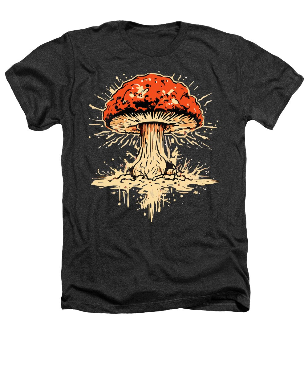 Dark heather t-shirt with orange exploding mushroom graphic, front print