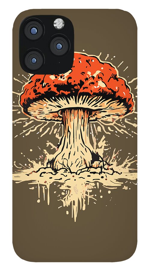 Phone case with orange mushroom explosion graphic, cream spatter, and black camera panel
