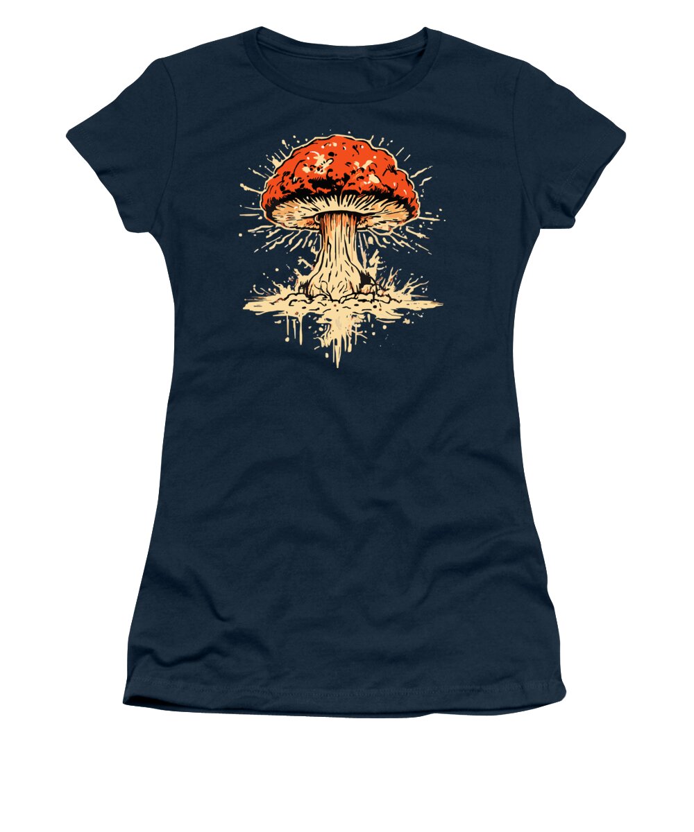 Navy women's T-shirt with orange mushroom graphic at center