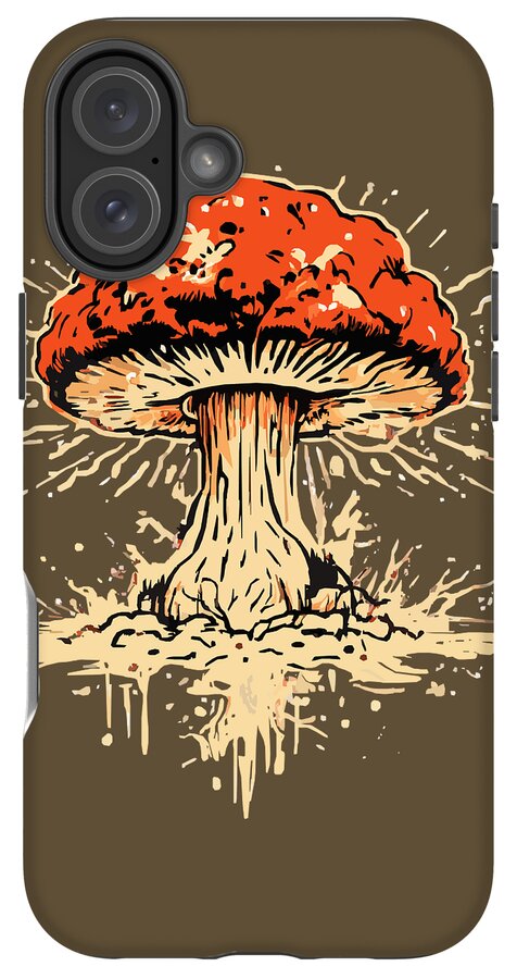 Phone case with orange mushroom graphic and triple-lens camera cutouts on brown