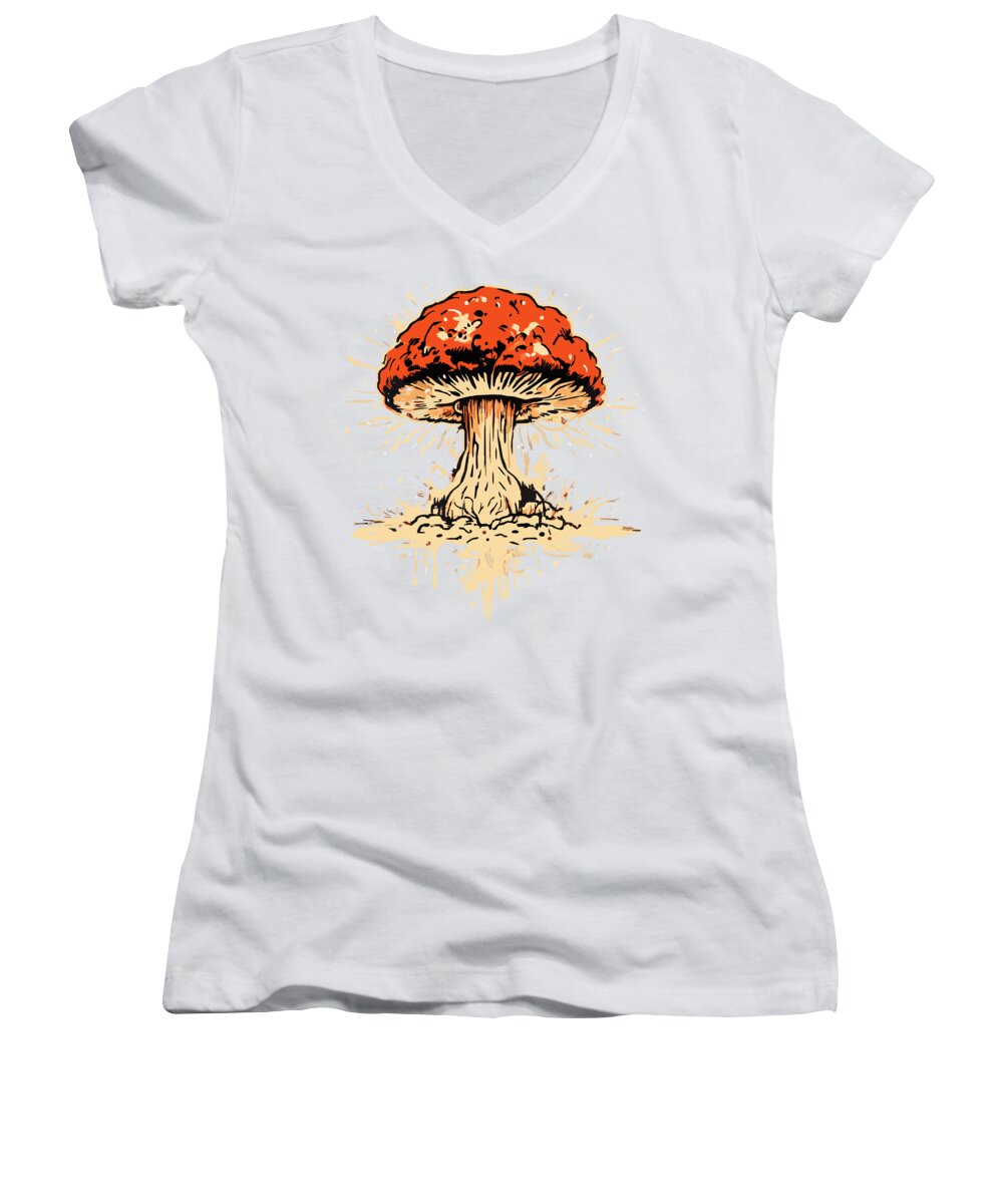 White women's V-neck T-shirt with colorful exploding mushroom graphic