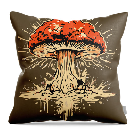 Throw pillow with explosive mushroom graphic, orange cap and beige spore cloud on dark background.