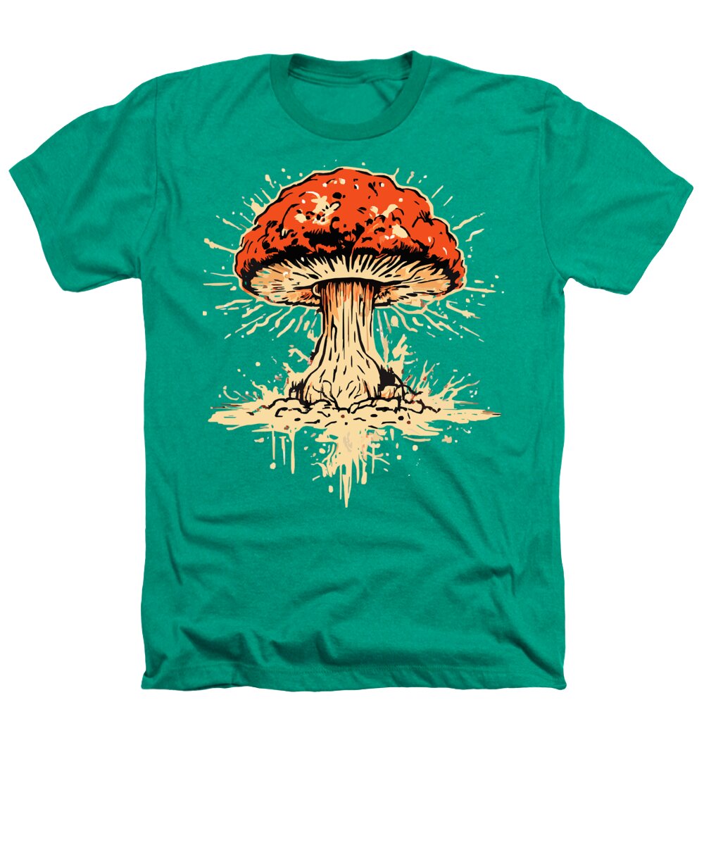 Kelly green heather t-shirt with orange mushroom graphic and splatter front print