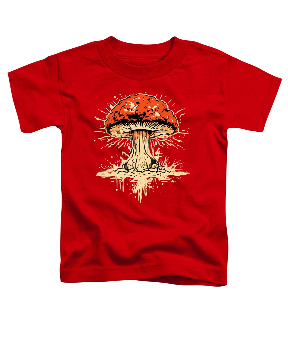 Red toddler T-shirt with orange mushroom graphic on front