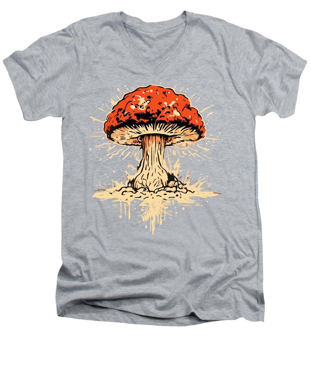 Men's V-neck t-shirt in heather gray with orange-red mushroom front graphic.