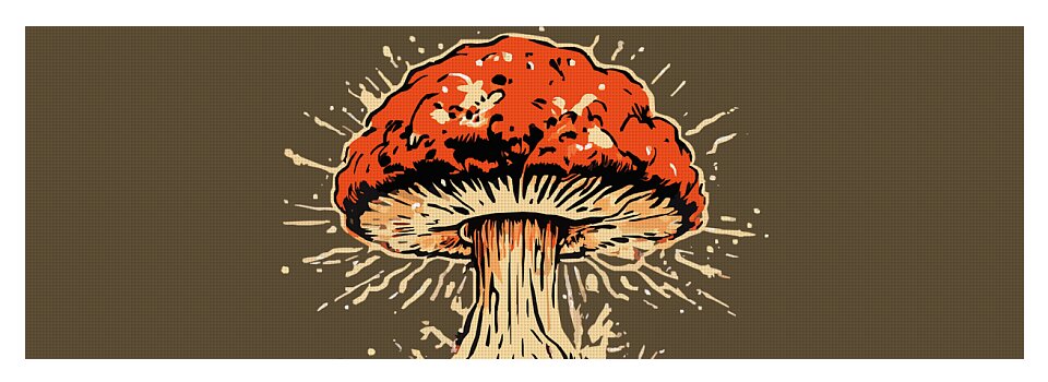 Yoga mat with centered explosive mushroom graphic, orange cap and cream gills on brown